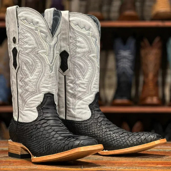Men's Genuine Python Square Toe Boots Matte Black - 6.5