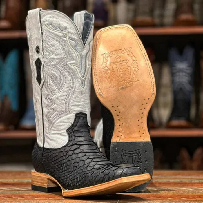 Men's Genuine Python Square Toe Boots Matte Black - 6.5