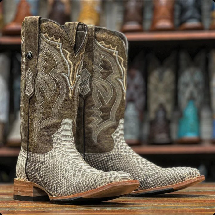 Men's Genuine Python Square Toe Boots Natural Matte - 6