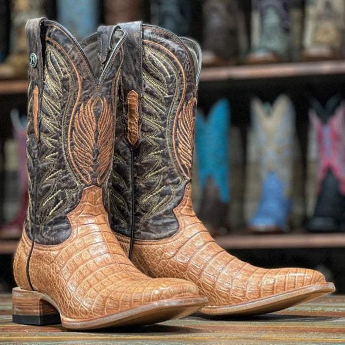 Men's Ostrich Print Leather J-Toe Boots Bone - 6