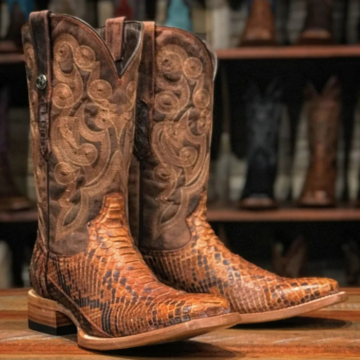 Men's Medina Genuine Python Square Toe Boots Brandy - 6