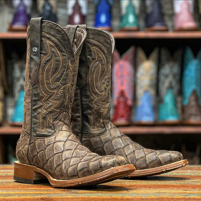 Men's Print Monster Fish Square Toe Boots Brown - 6