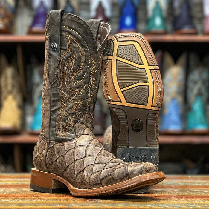 Men's Print Ostrich Square Toe Boots Brown - 6