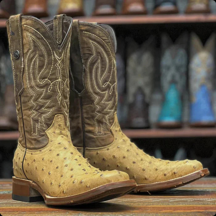 Men's Print Ostrich Square Toe Boots Antique Saddle - 6.5