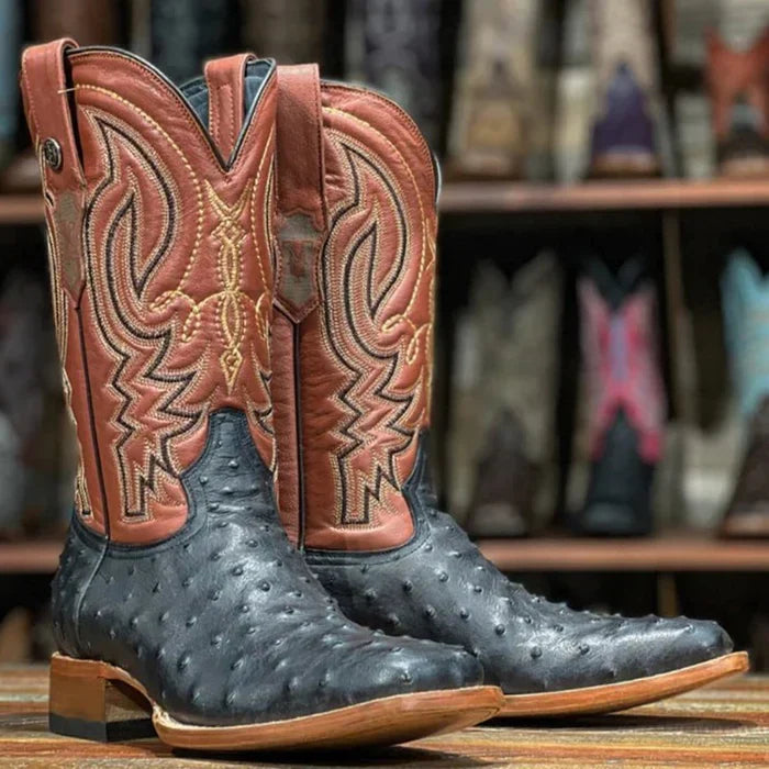 Men's Cahill Print Ostrich Square Toe Boots Black - 6.5