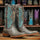Men's Print Ostrich Square Toe Boots Black with Brown