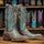 Men's Print Ostrich Square Toe Boots Black with Brown