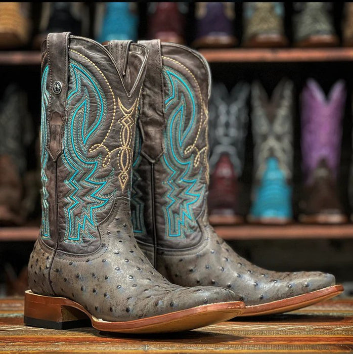 Men's Print Ostrich Square Toe Boots Black with Brown - 6