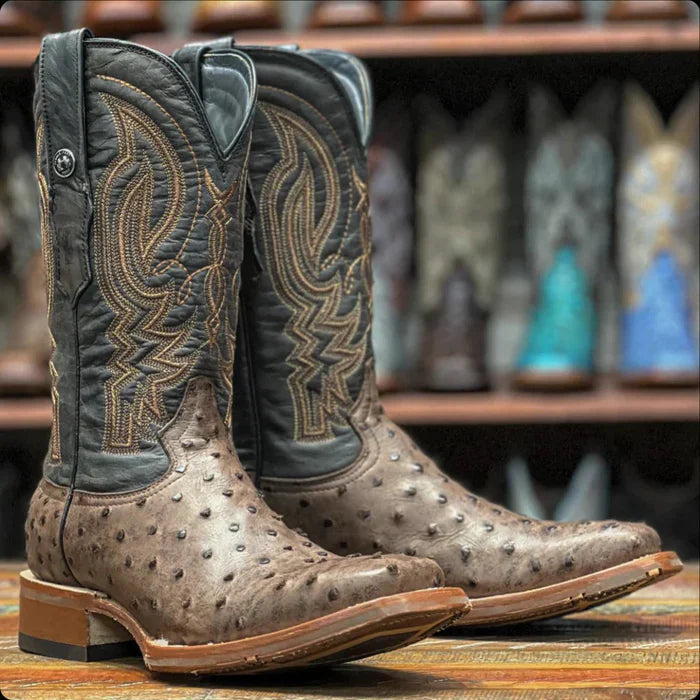 Men's Print Ostrich Square Toe Boots Brown - 6.5