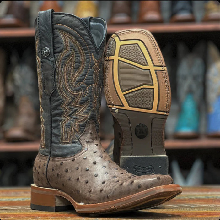 Men's Print Ostrich Square Toe Boots Brown - 6
