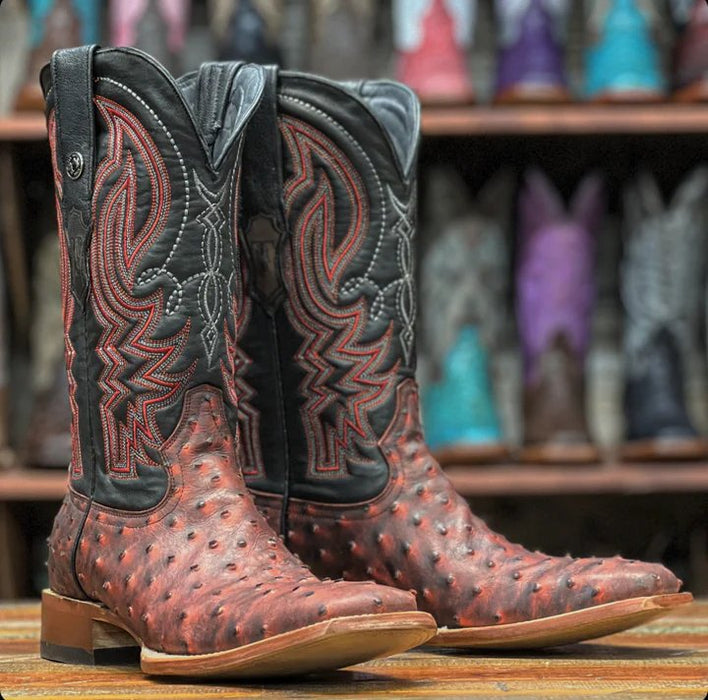 Men's Print Ostrich Square Toe Boots Red with Black - 6