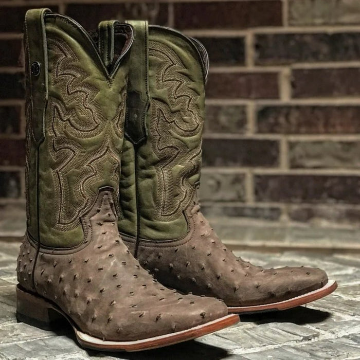 Men's Print Ostrich Square Toe Boots Suede Brown - 6