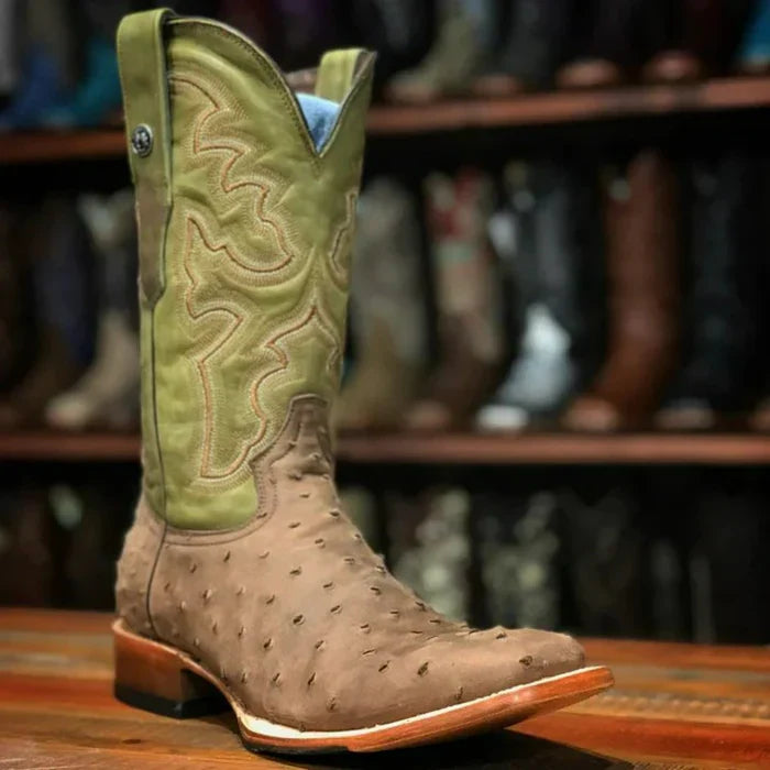 Men's Print Ostrich Square Toe Boots Suede Brown - 6.5