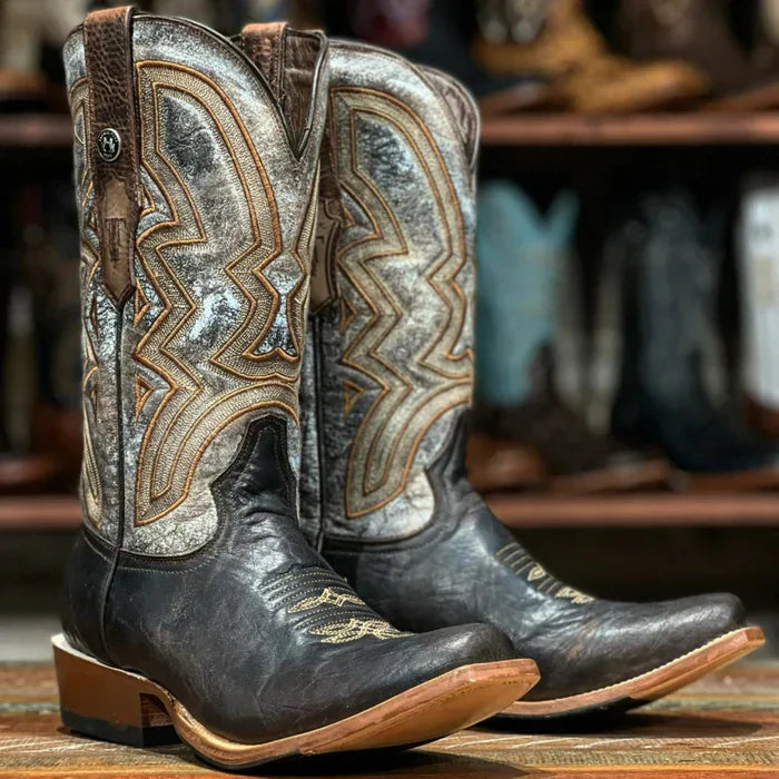 Men's Square Toe Bull Shoulder Leather Boots Brown