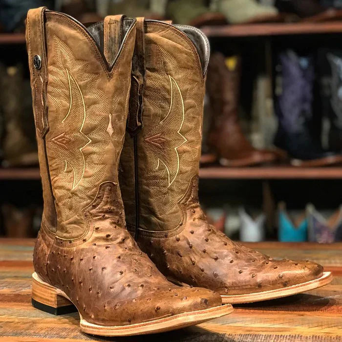 Men's "Stoney" Full Quill Ostrich Square Toe Boots Antique Saddle - 6.5