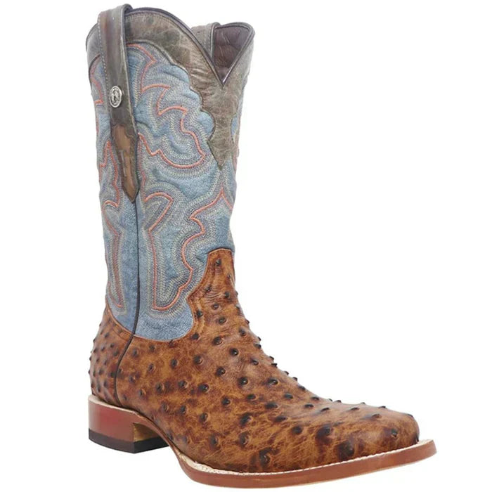 Men's Van Zandt Print Ostrich Square Toe Boots Cognac - 6.5