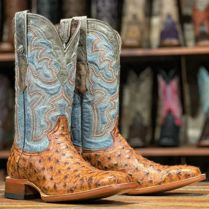 Men's Van Zandt Print Ostrich Square Toe Boots Cognac - 6.5