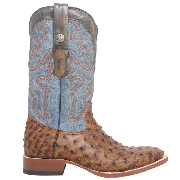 Men's Van Zandt Print Ostrich Square Toe Boots Cognac - 6