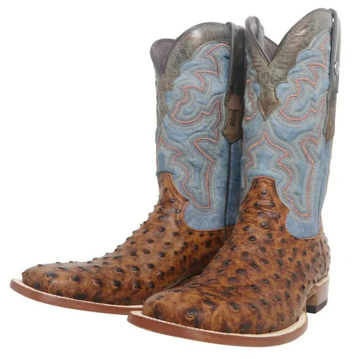 Men's Van Zandt Print Ostrich Square Toe Boots Cognac - 6.5