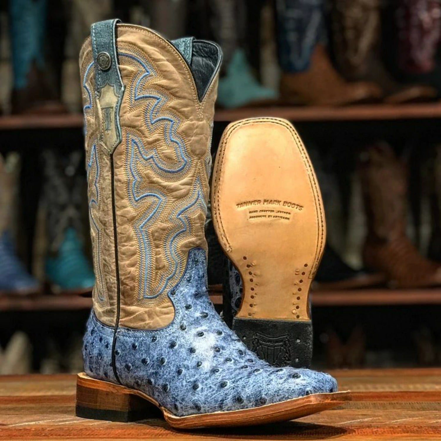 Tanner Mark Women's 'Bluebonnet' Ostrich Print Square Toe Boots Blue Denim TML207061 - 5