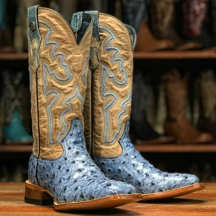 Women's 'Bluebonnet' Ostrich Print Square Toe Boots Blue Denim
