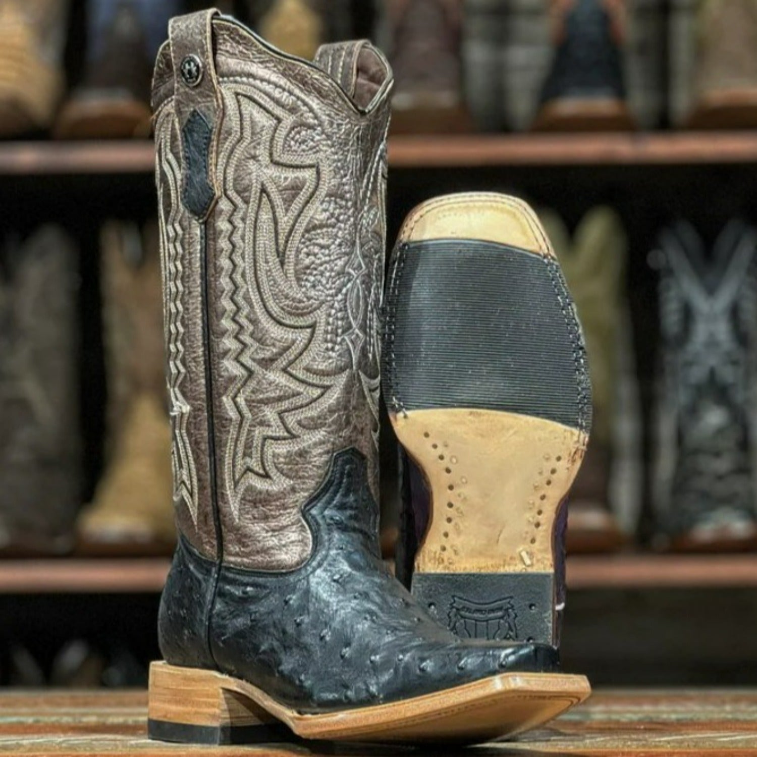 Tanner Mark Women's Full Quill Ostrich Square Toe Boots Black TMLX20106 - 5