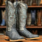 Women's Full Quill Ostrich Square Toe Boots Blue Denim