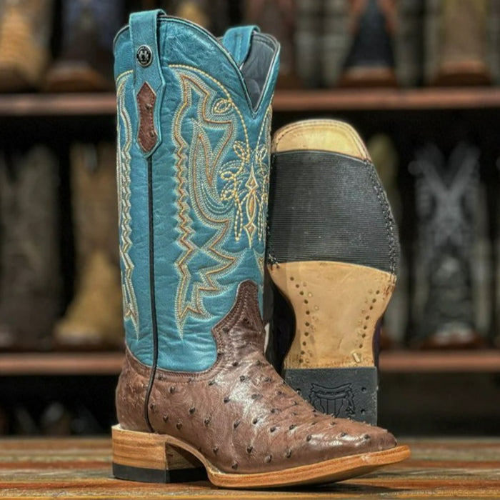 Women's Full Quill Ostrich Square Toe Boots Brown - 6