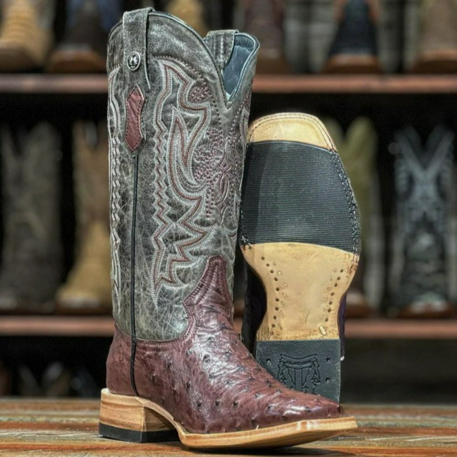 Tanner Mark Women's Full Quill Ostrich Square Toe Boots Burgundy TMLX20105 - 5