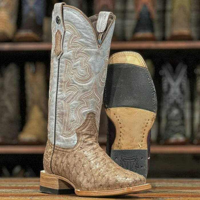 Women's Full Quill Ostrich Square Toe Boots Mink - 6
