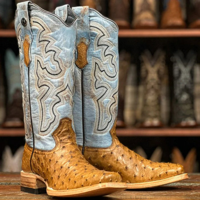 Women's Full Quill Ostrich Square Toe Boots Tan - 6