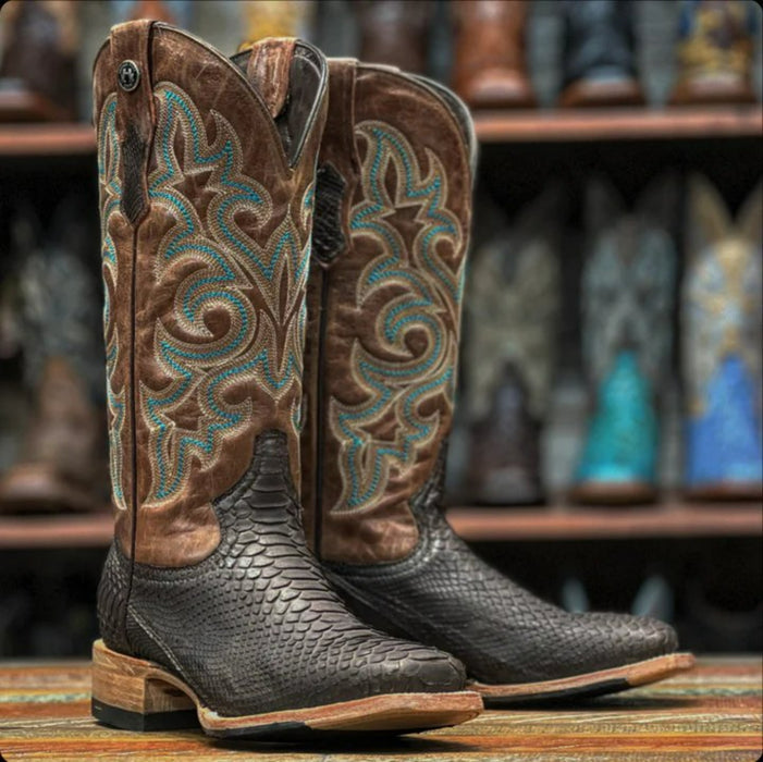 Women's Full Quill Ostrich Square Toe Boots Black TMLX20106 - 6