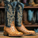 Tanner Mark Women's Ostrich Print Square Toe Boots Cognac