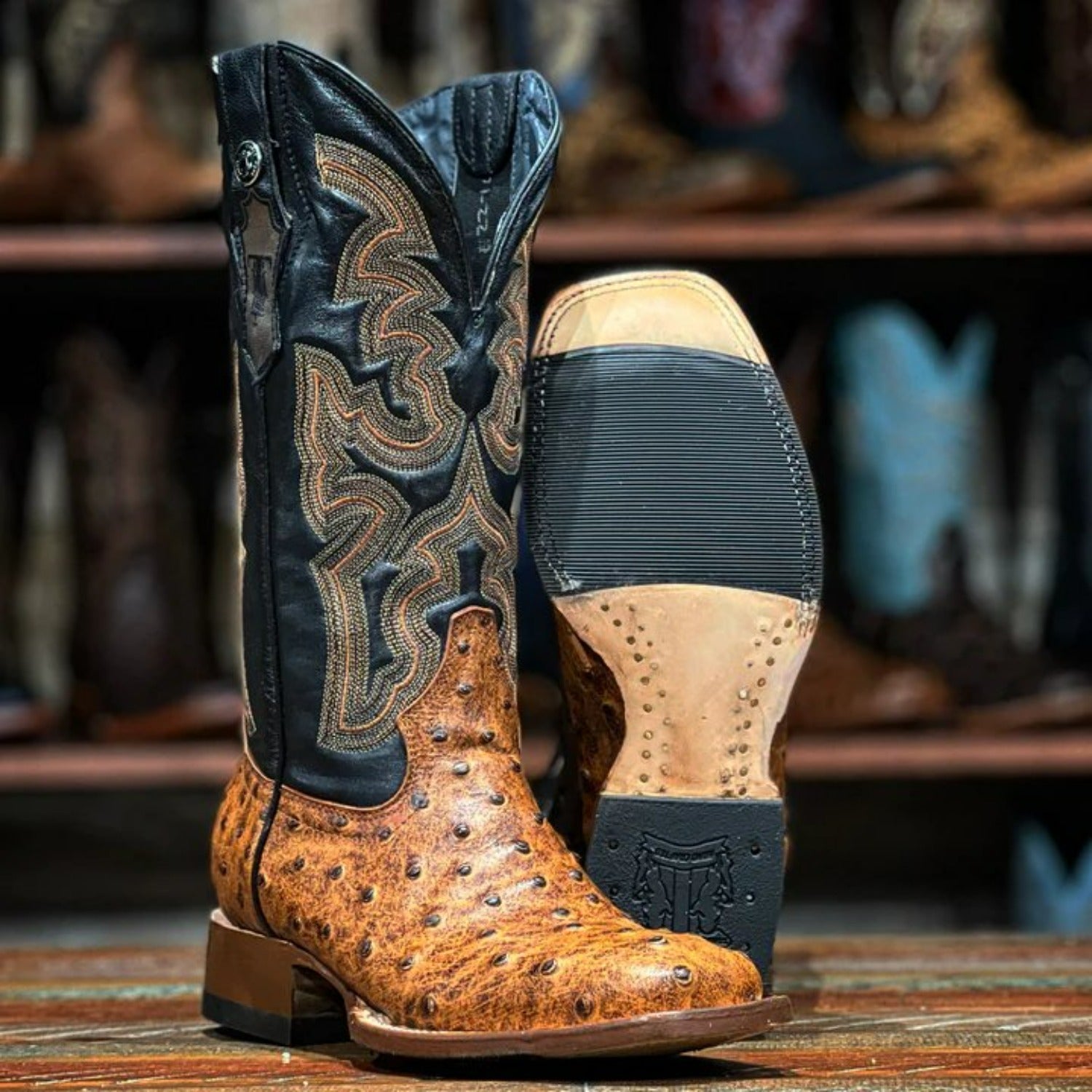 Tanner Mark Women's Ostrich Print Square Toe Boots Cognac - 5