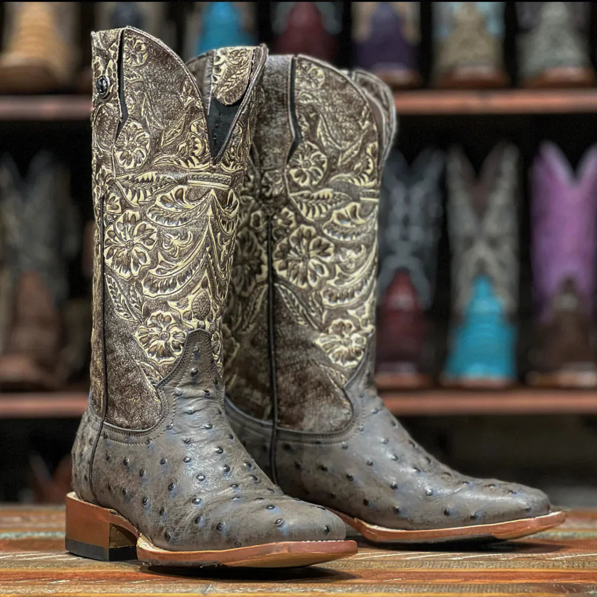 Tanner Mark Women's Ostrich Print Square Toe Boots Desert Wash Black - 5