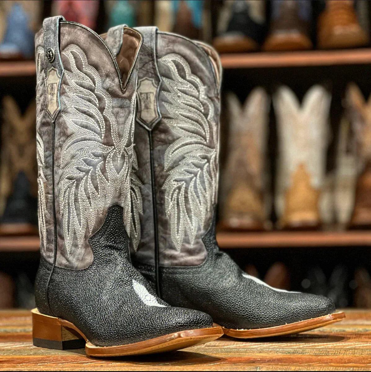 Tanner Mark Women's Print Stingray Square Toe Boots Black - 5