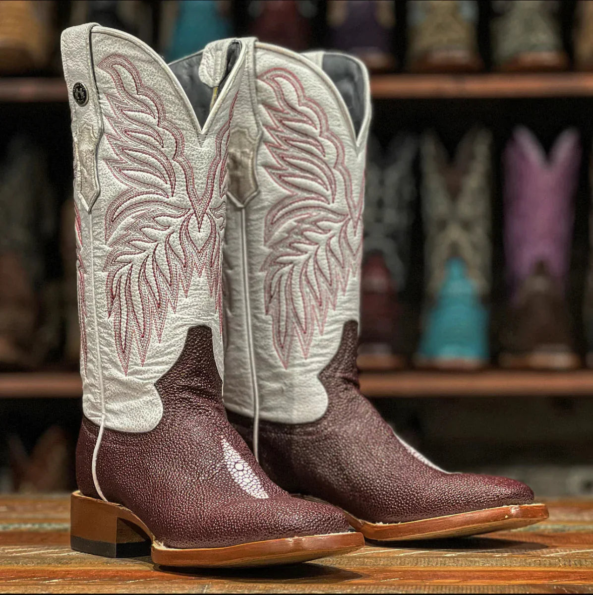 Tanner Mark Women's Print Stingray Square Toe Boots Burgundy - 5
