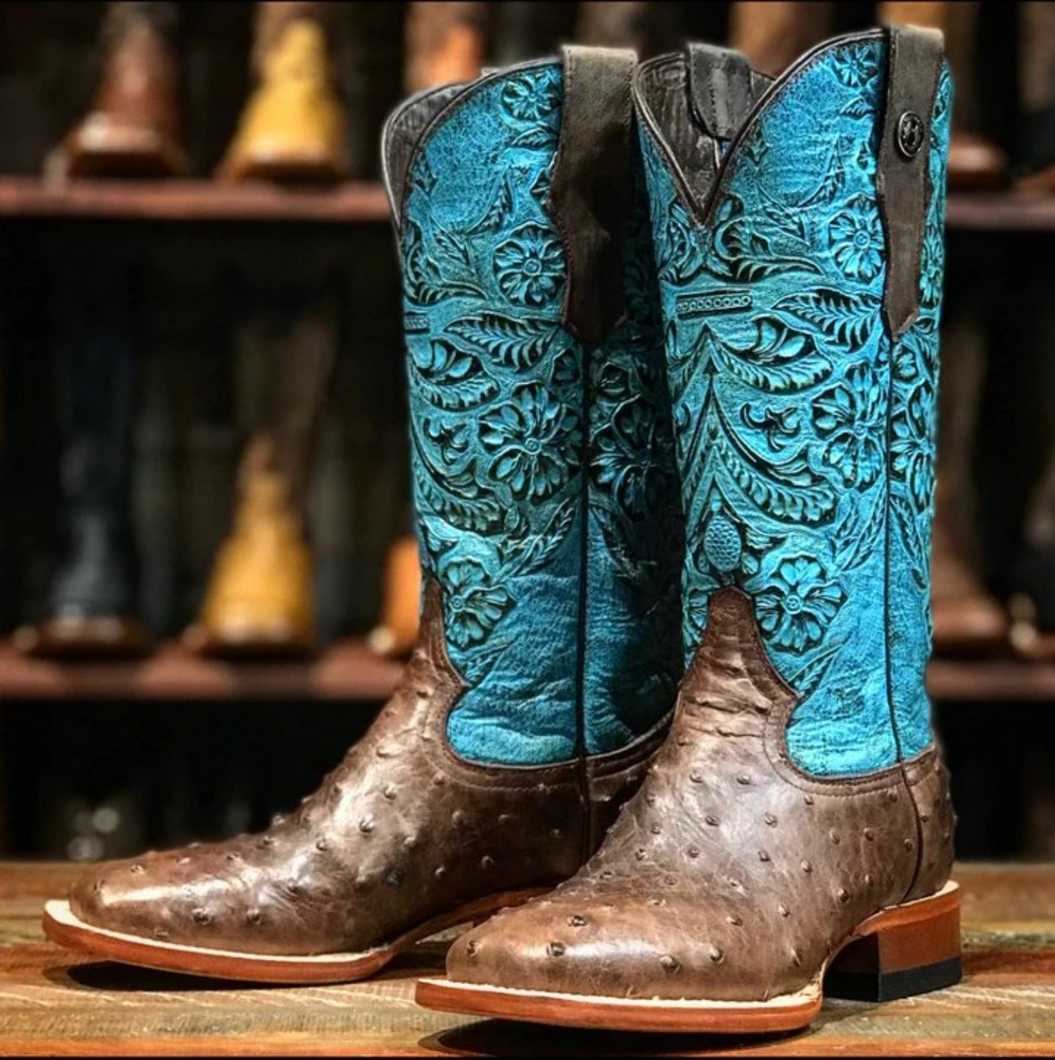 Tanner Mark Women's 'Shiloh' Ostrich Print Square Toe Boots Brown - 5