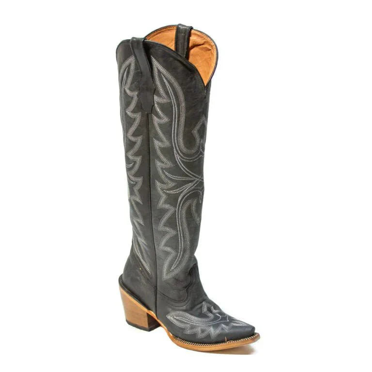 Tanner Mark Women's Snip Toe Fashion Heel Knee High Leather Boots Black - 5