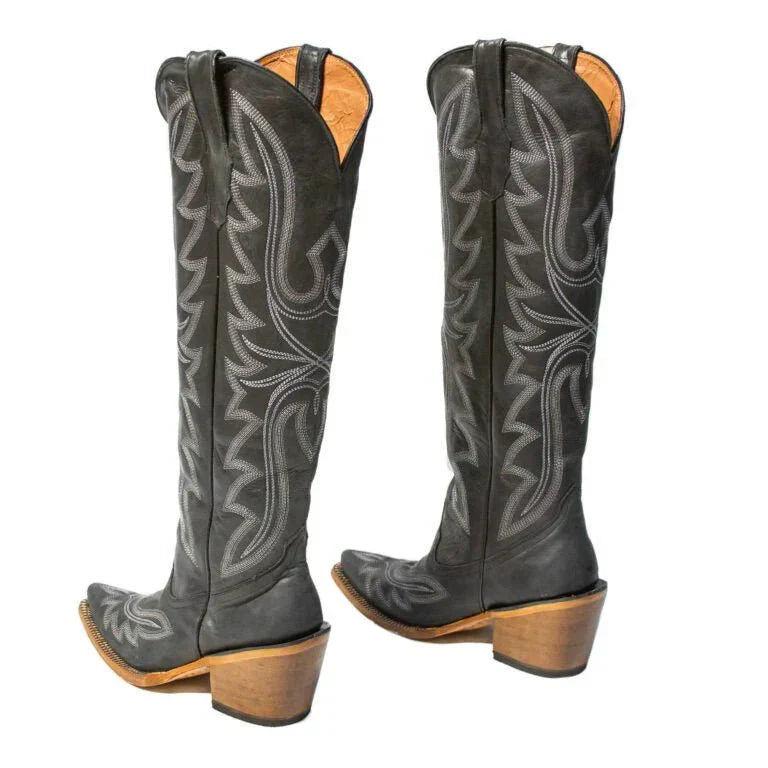 Tanner Mark Women's Snip Toe Fashion Heel Knee High Leather Boots Black - 5