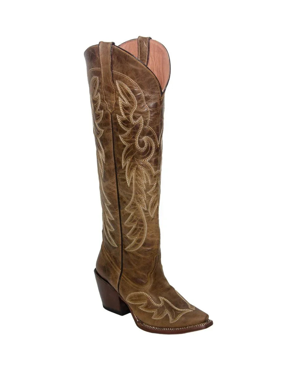 Tanner Mark Women's Snip Toe Fashion Heel Knee High Leather Boots Cognac - 5