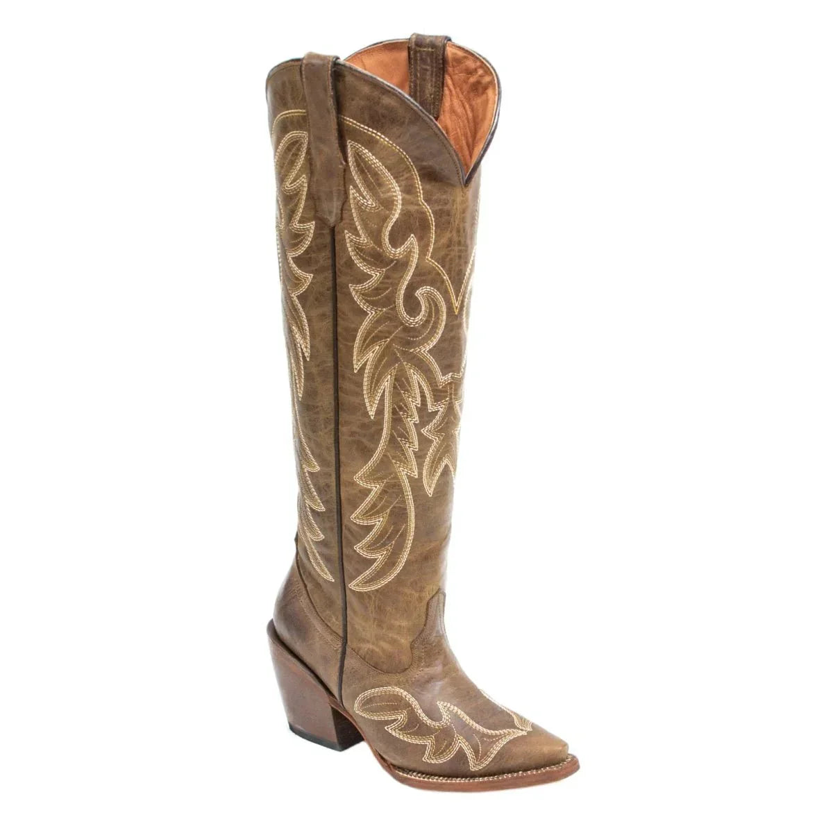 Tanner Mark Women's Snip Toe Fashion Heel Knee High Leather Boots Cognac - 5