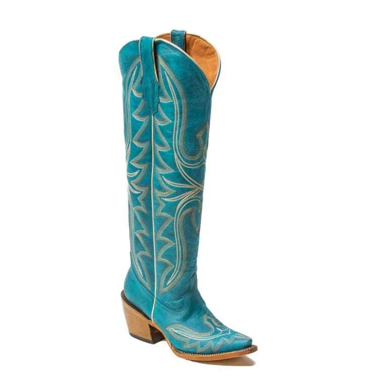 Tanner Mark Women's Snip Toe Fashion Heel Knee High Leather Boots Turquoise - 5