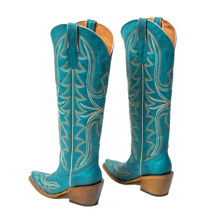 Tanner Mark Women's Snip Toe Fashion Heel Knee High Leather Boots Turquoise - 5