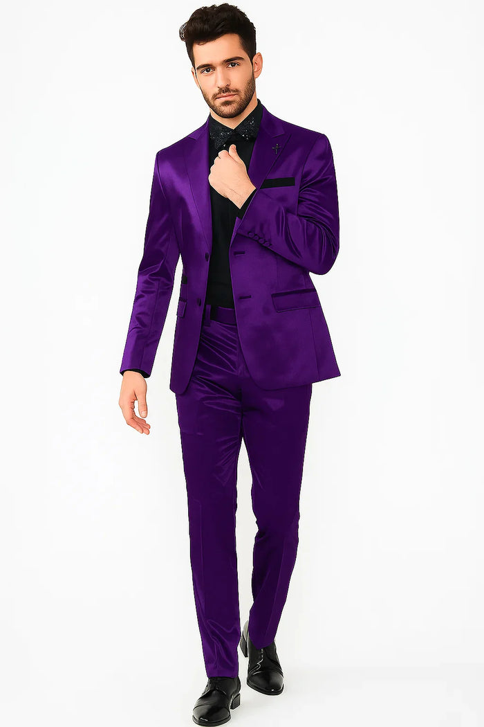 Mens Shiny Blazer - Purple Sateen Vested Suit