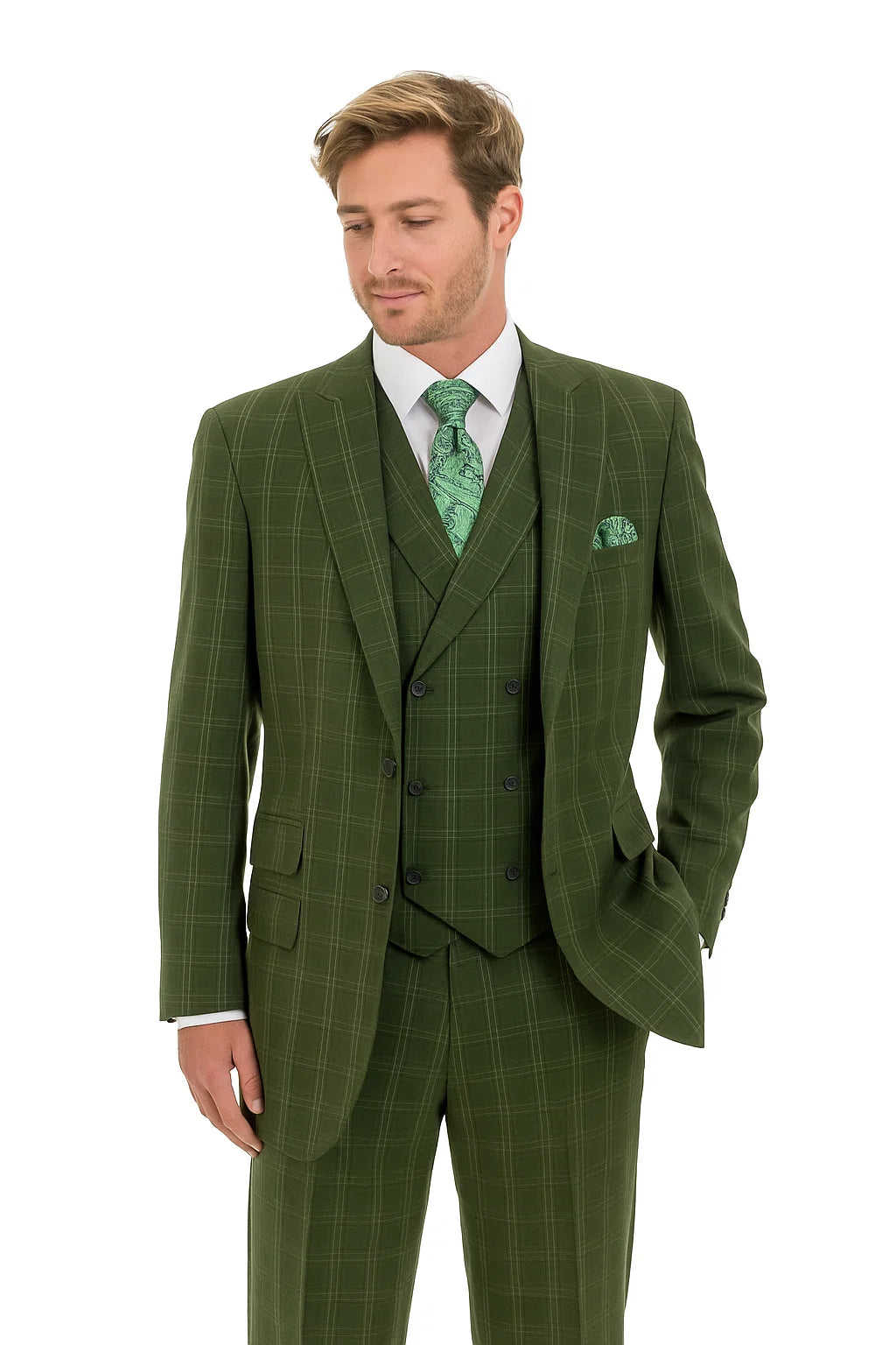 "Olive Windowpane Plaid Men's Double Breasted 2-Button Vest Suit" - 38 Long