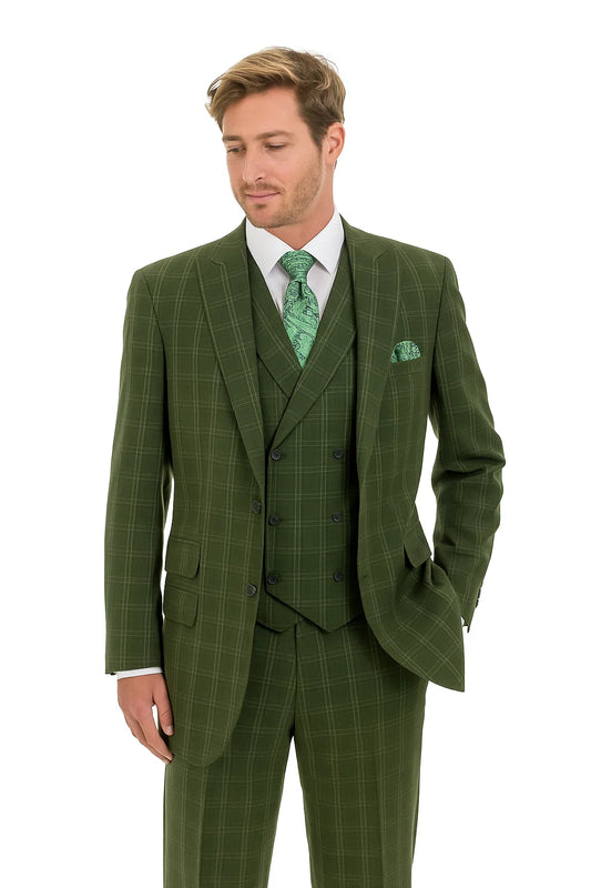 "Olive Windowpane Plaid Men's Double Breasted 2-Button Vest Suit"