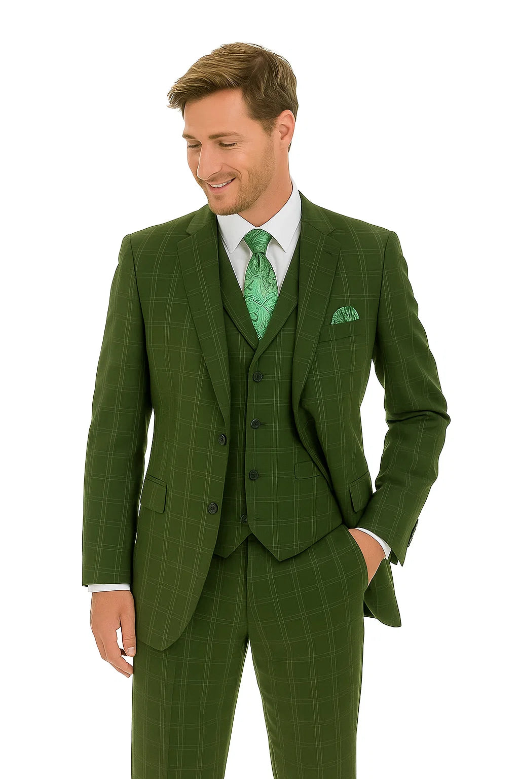"Olive Windowpane Plaid Men's Double Breasted 2-Button Vest Suit" - 38 Long
