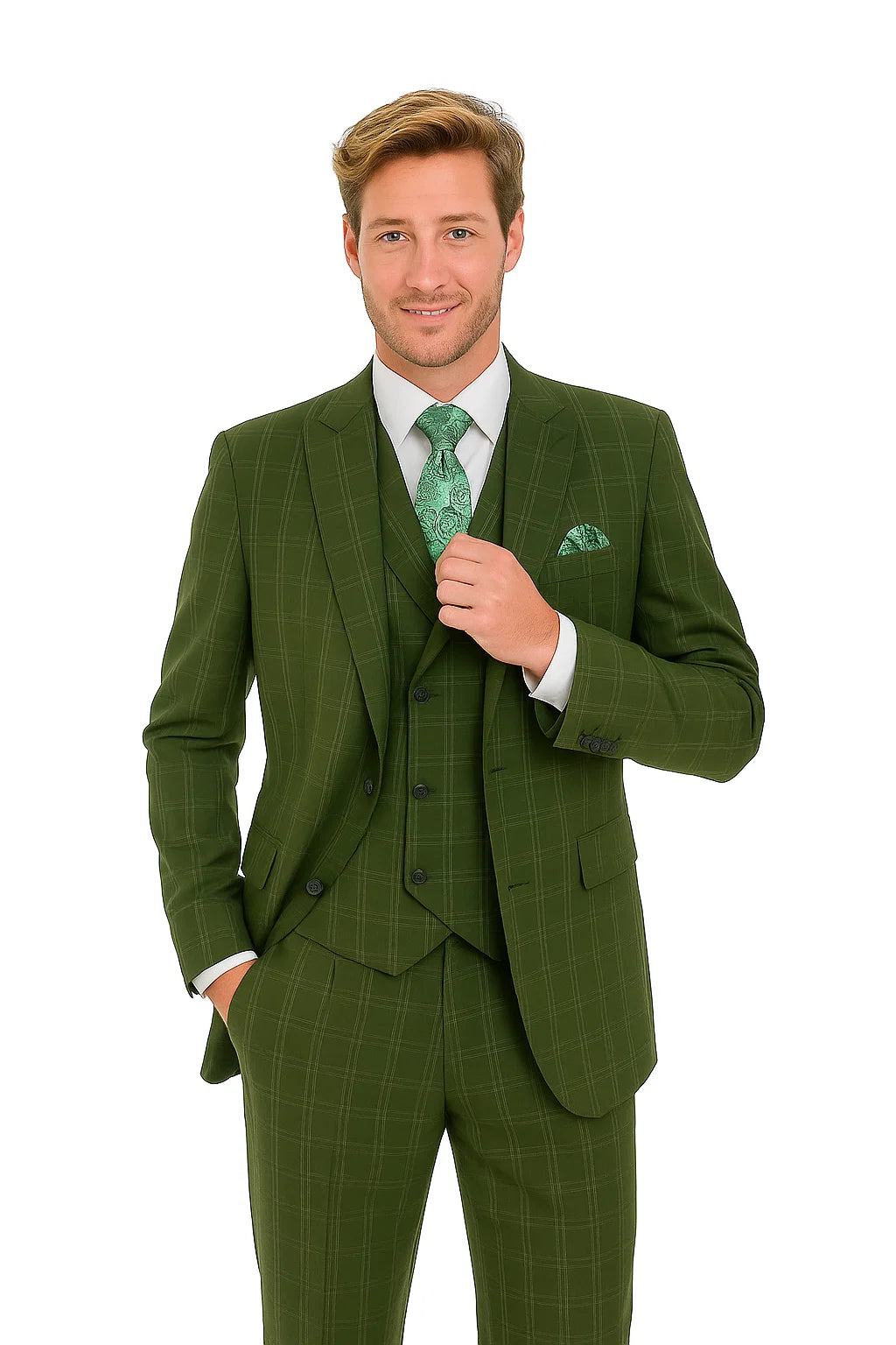"Olive Windowpane Plaid Men's Double Breasted 2-Button Vest Suit" - 38 Long