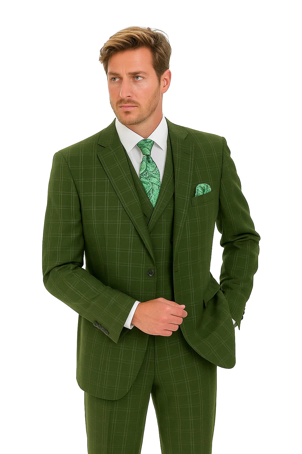 "Olive Windowpane Plaid Men's Double Breasted 2-Button Vest Suit" - 38 Long